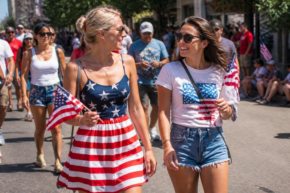 A group of friends wearing red, white, and blue outfits at a sunny outdoor parade, one in a patriotic sundress and another in a graphic tee with shorts, both smiling and holding small flags