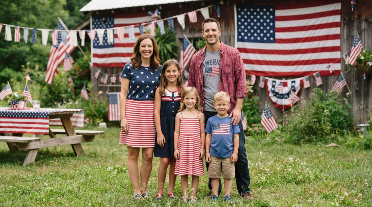 A multigenerational family wearing coordinated red, white, and blue patriotic outfits smiling together outdoors on a sunny day with American flags visible in the background