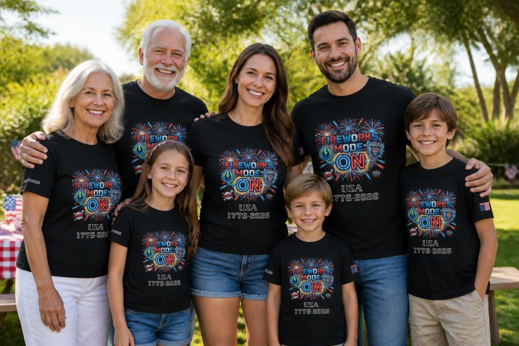 Multigenerational family wearing matching patriotic graphic tees in red, white, and blue, posed together outdoors during daytime with natural sunlight, everyone smiling and relaxed