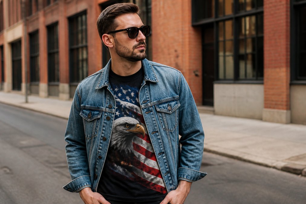 Person in an open denim jacket wearing a bold patriotic streetwear t-shirt on a sunny urban street