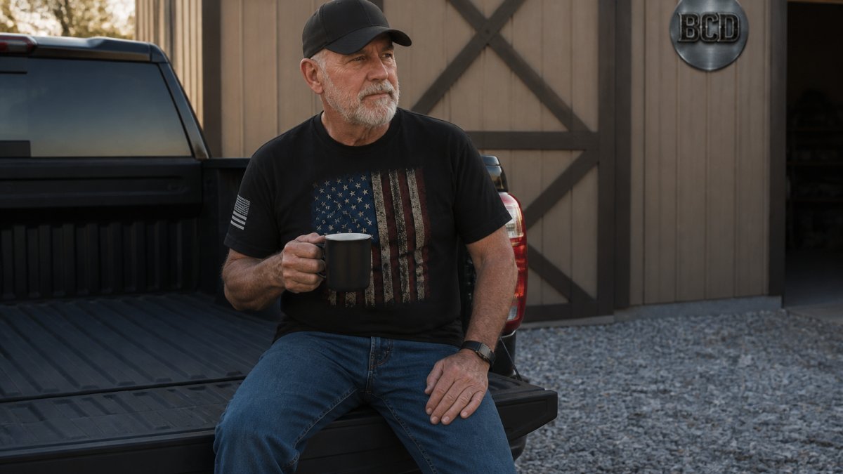 A veteran in his sixties sitting on a tailgate in a gravel driveway, wearing a black patriotic graphic tee, coffee mug in hand, early morning light, relaxed and unposed