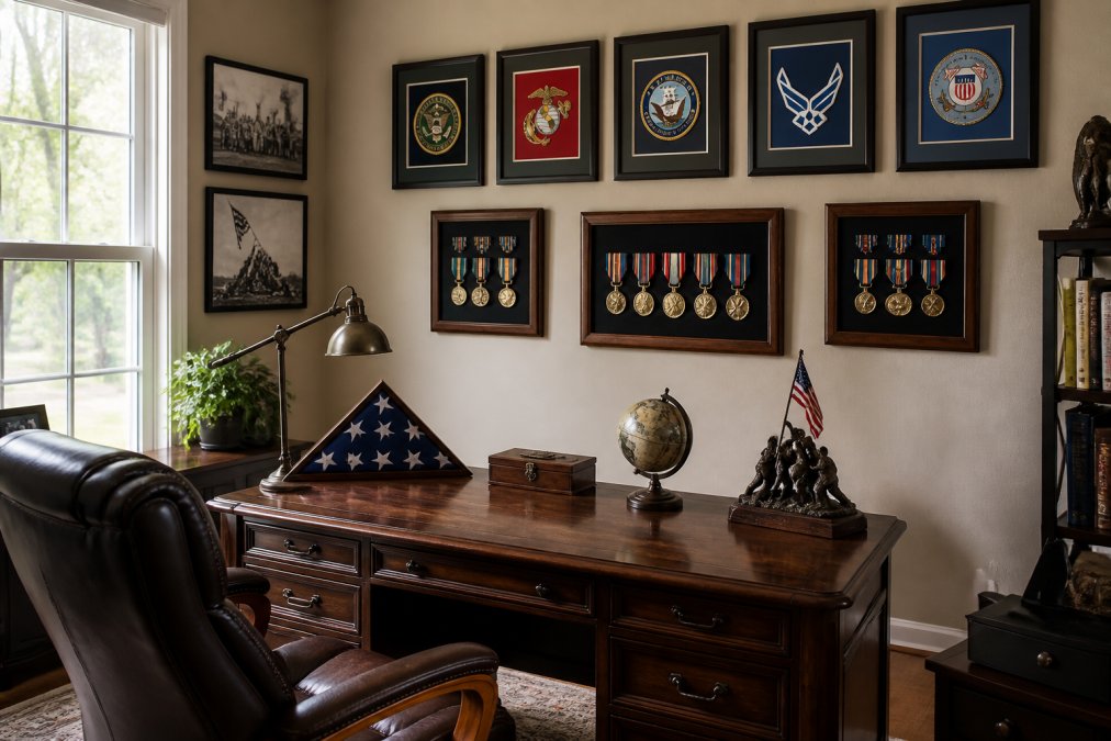 Framed military insignia and medals displayed as patriotic wall art for veterans above a wooden office desk
