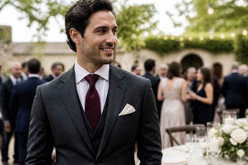 Well-dressed man in tailored charcoal suit wearing a subtle pinstriped dress shirt with coordinating burgundy tie and cream pocket square at an outdoor wedding reception