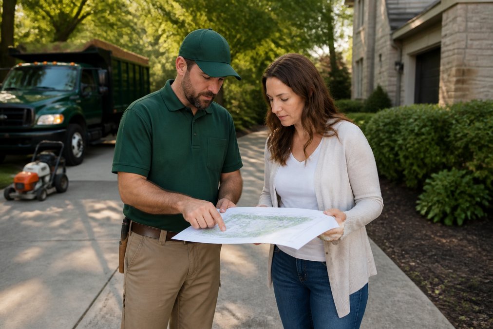 Landscaper reviewing a project plan with a homeowner as a professional pattie group alternative option
