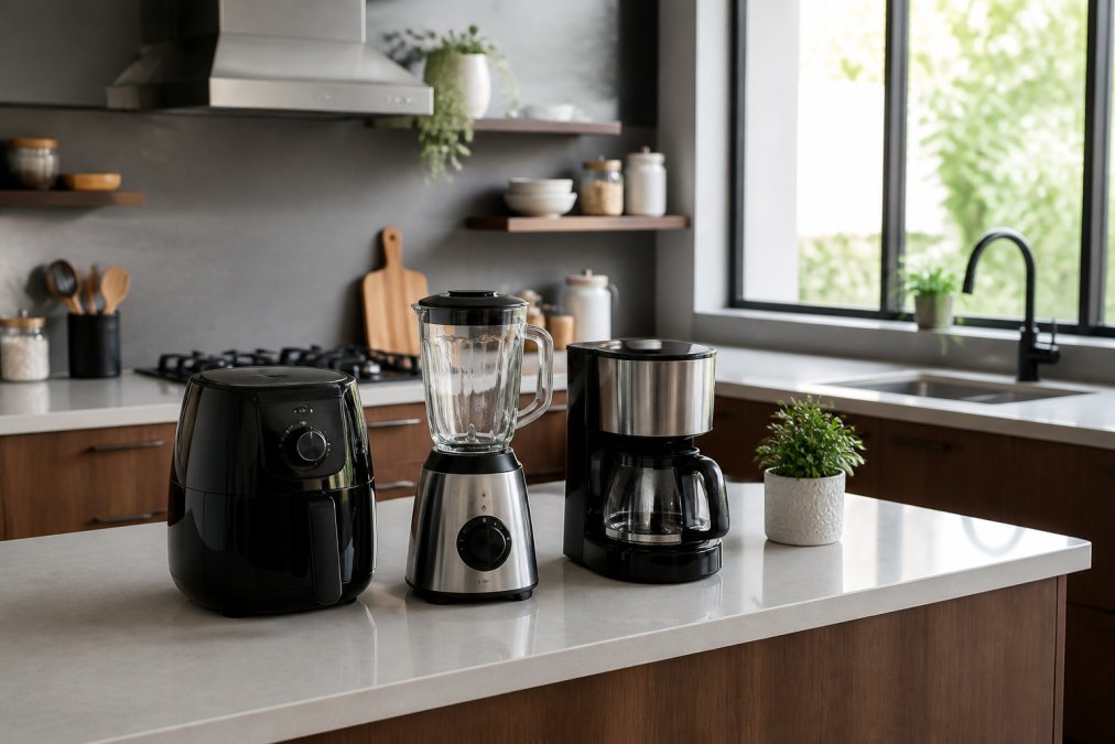 Modern kitchen with a range of appliances including an air fryer, blender, and coffee maker displayed on a clean countertop, showing contemporary home design with natural light streaming through windows