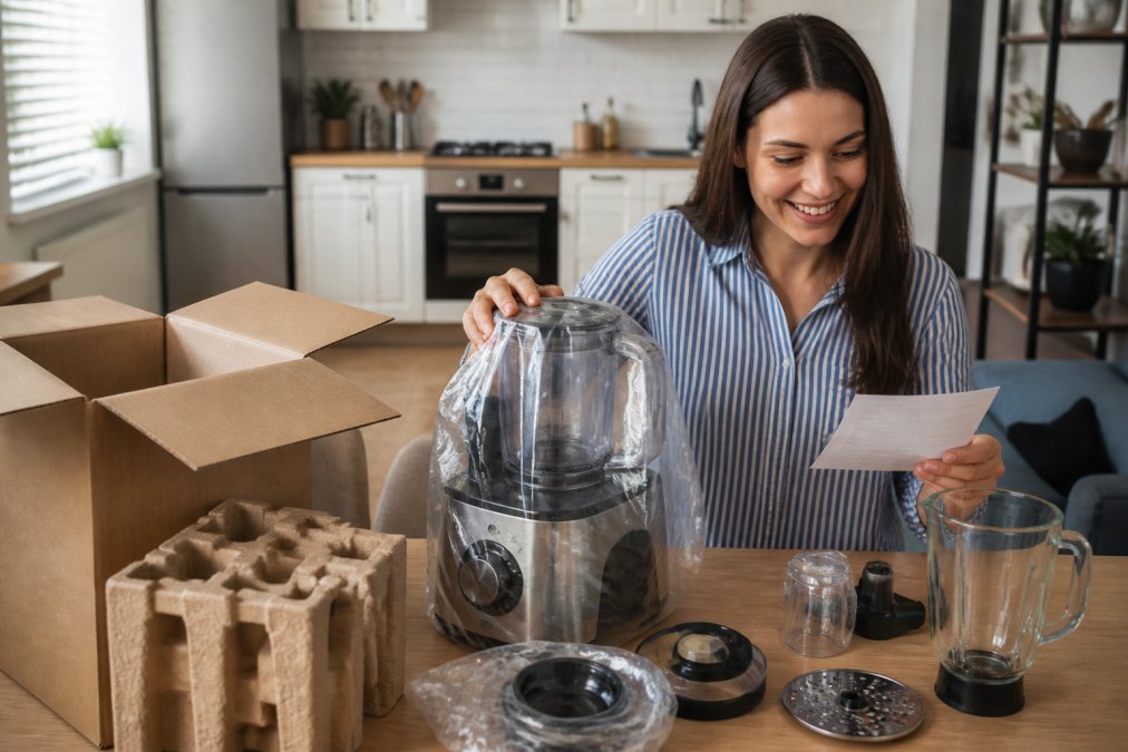 Person unpacking a new kitchen appliance at home, checking the product against delivery documentation and smiling, showing a positive unboxing experience with the product box and accessories visible
