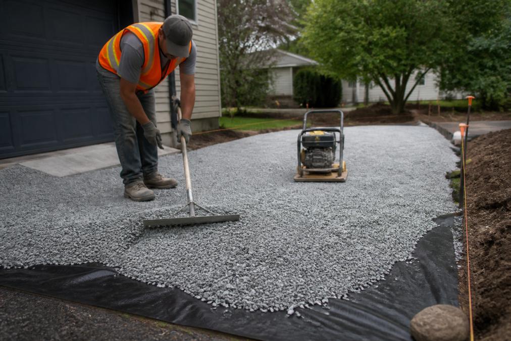 Paver Driveway Base Preparation Steps: A Pro Guide 2 Venice Paver installation worker spreading crushed aggregate for a paver driveway base over geotextile fabric.