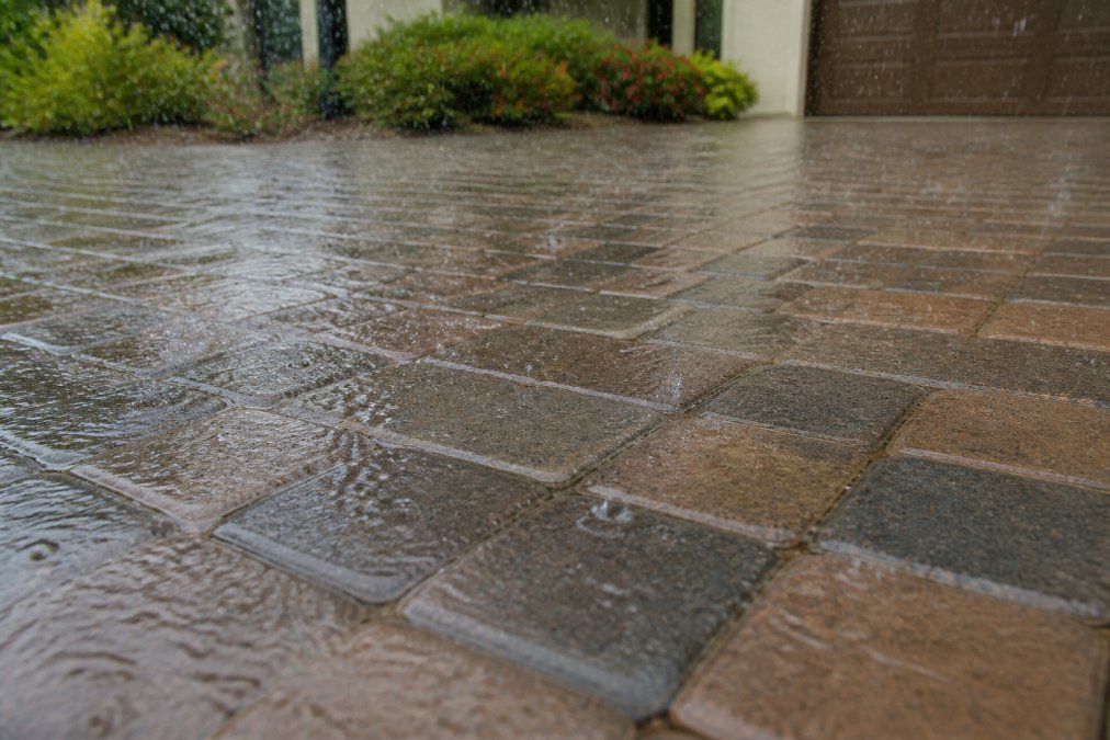 Rainwater drains through the joints of permeable pavers, ensuring effective paver driveway drainage during a storm.