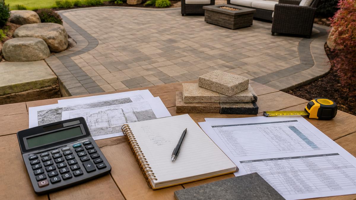 Geometric paver patio installation with clean edges and landscape integration, reflecting a fair project cost.