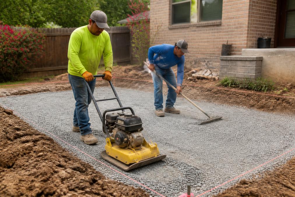Hardscape crew using a plate compactor on a gravel base during a paver patio installation project