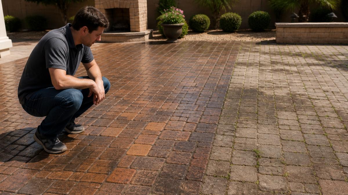 A homeowner inspecting sealed pavers on a backyard patio showing rich, vibrant colors and clean joints, compared to an adjacent unsealed section with visible stains, faded color, and weeds growing between stones