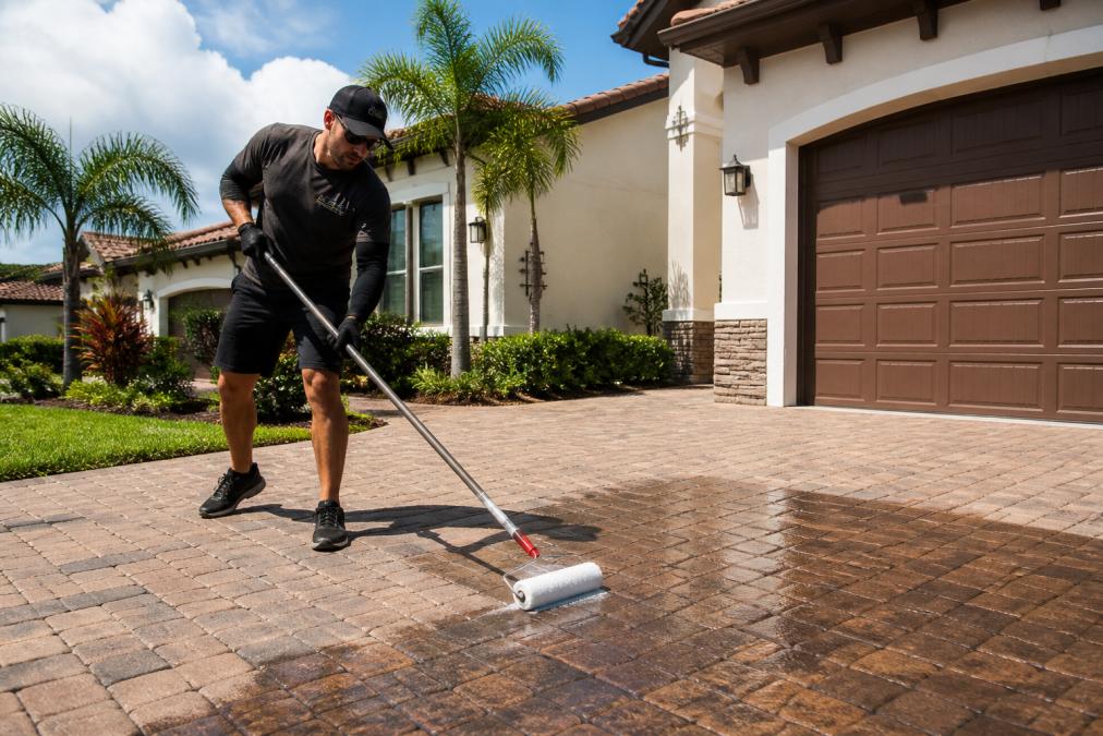 A technician in a branded uniform rolling a clear sealant onto a brick paver driveway, suburban home and bright Florida sunlight in the background