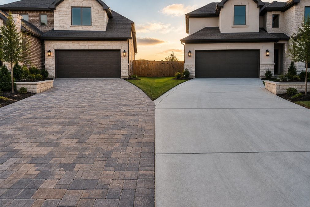 A split-view photo showing a freshly installed paver driveway on one side and a smooth concrete driveway on the other, both leading to modern suburban homes in late afternoon light