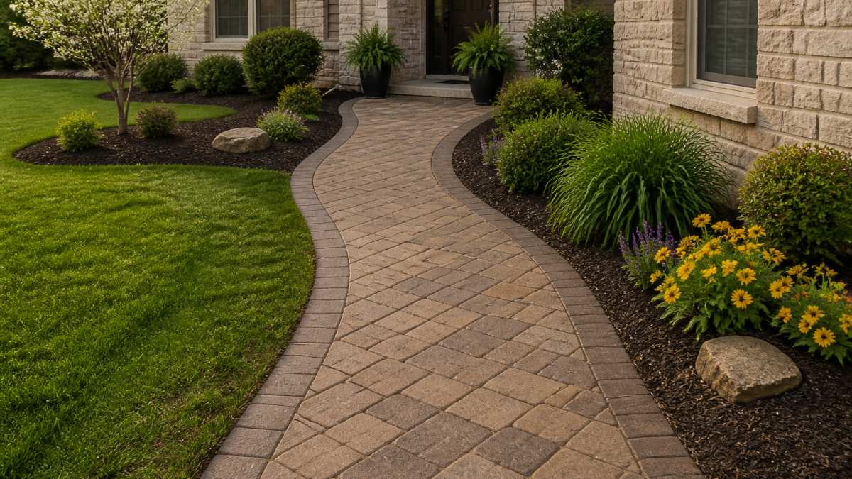 Residential walkway lined with decorative interlocking pavers in warm earth tones and geometric patterns, leading to a home entrance with landscaping borders and natural afternoon lighting