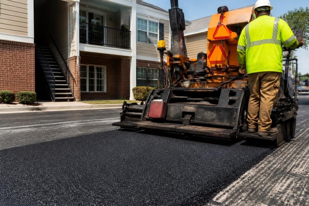 Close-up of fresh asphalt paving being laid on a parking lot with construction worker in safety vest and hard hat operating paving equipment, bright daylight
