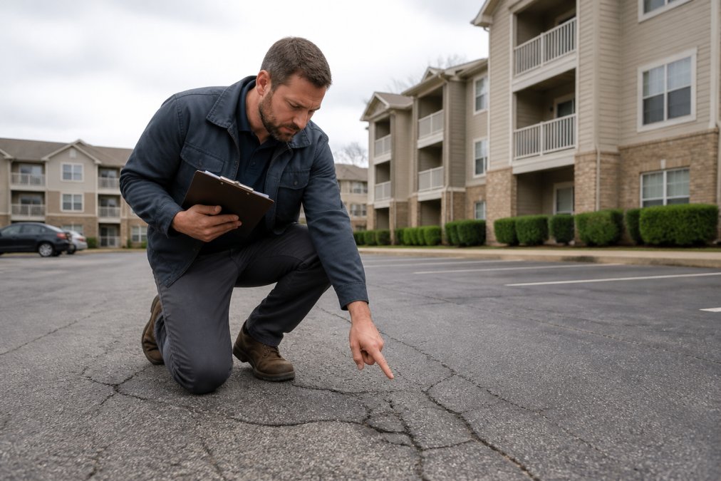 Property manager or facilities worker in work clothes inspecting parking lot pavement, pointing at visible crack or wear area with clipboard in hand, overcast daylight