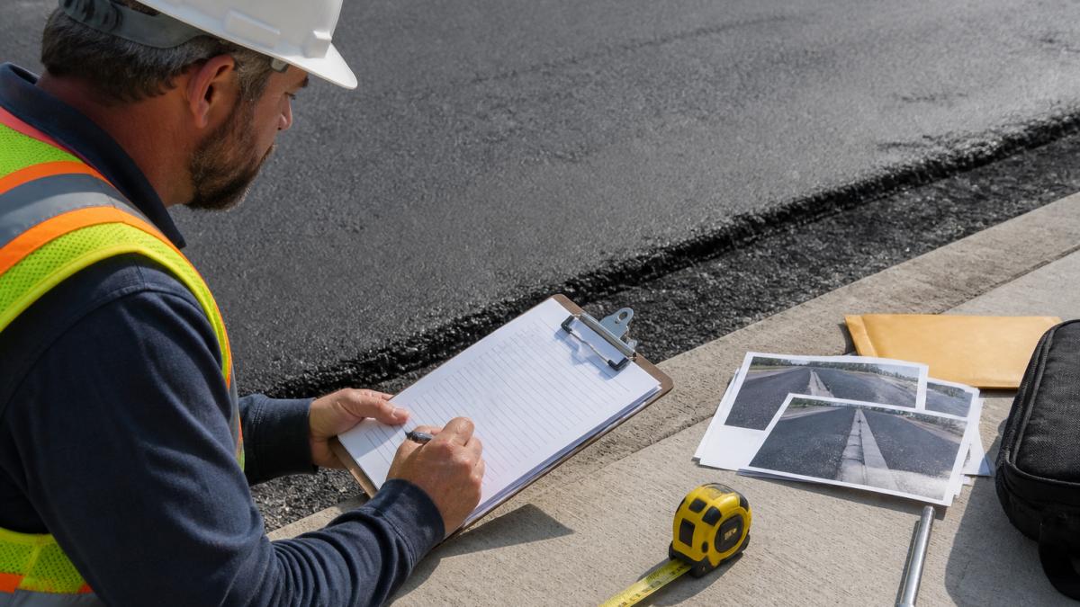 Professional contractor reviewing job site documentation with clipboard, photographs of paving work, and measuring tools spread across a concrete surface in natural daylight