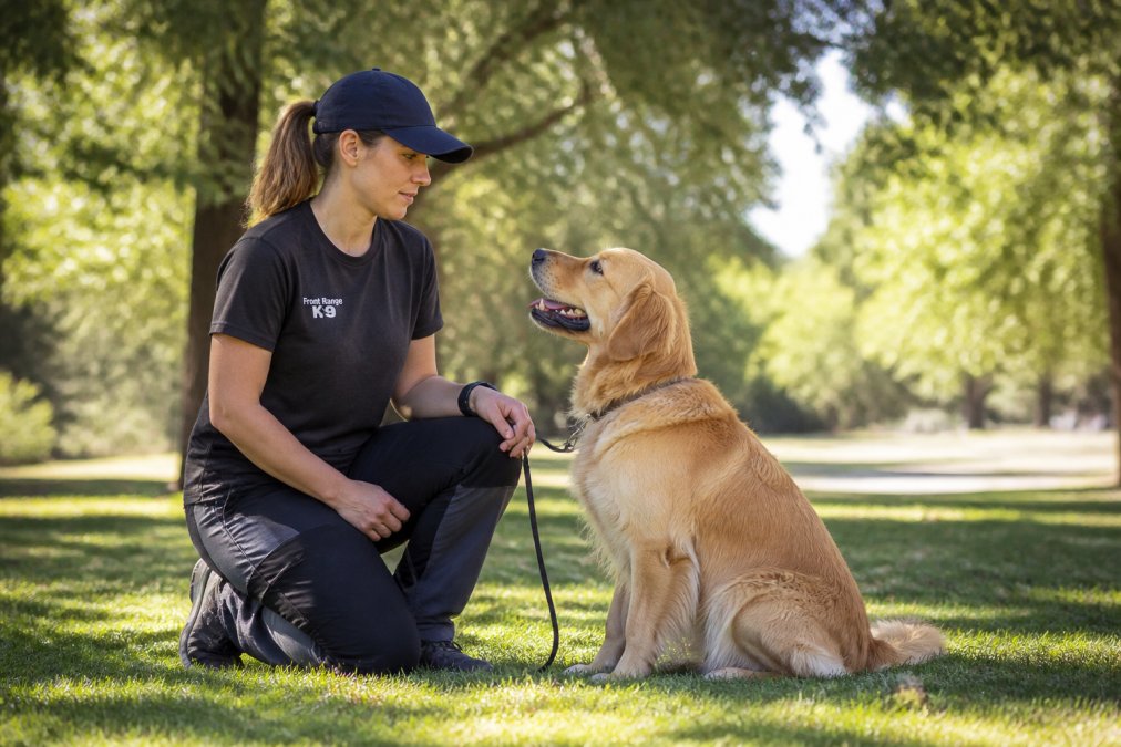 A professional dog trainer kneeling beside a golden retriever in a sunlit park, holding a leash loosely while the dog maintains focused eye contact