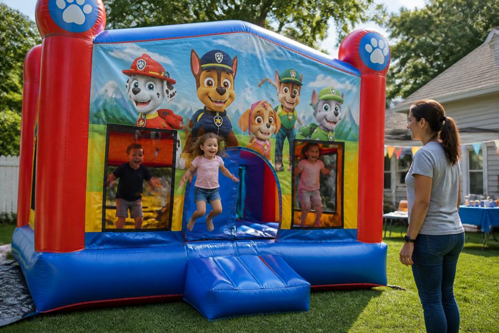 Children laughing and jumping inside a colorful Paw Patrol themed bounce house in a sunny backyard, with a parent supervising nearby