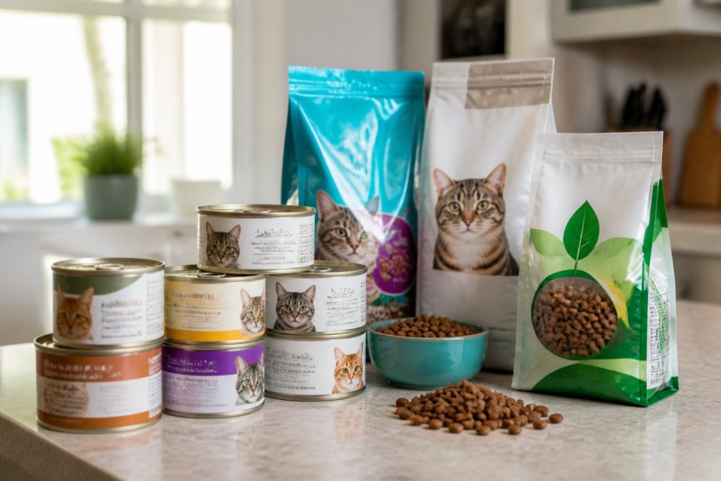 Close-up of various cat food cans and dry kibble bags arranged on a kitchen counter, showing different brand labels and premium packaging in natural daylight