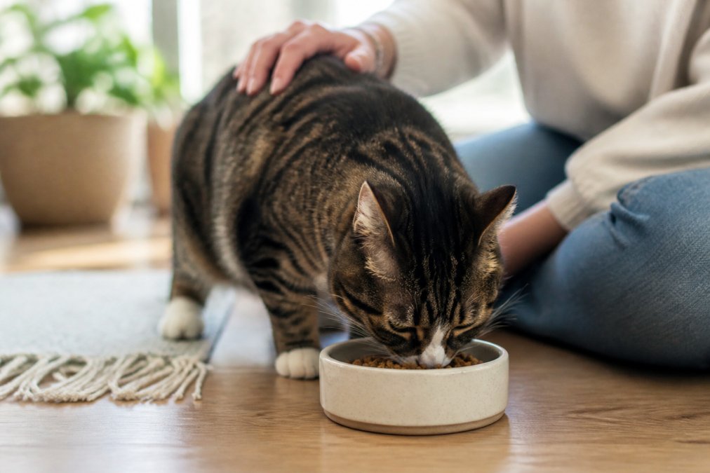 A cat eating calmly from a ceramic food bowl at home, with a person's hand nearby gently stroking the cat's back, showing a peaceful feeding moment in a sunlit home environment