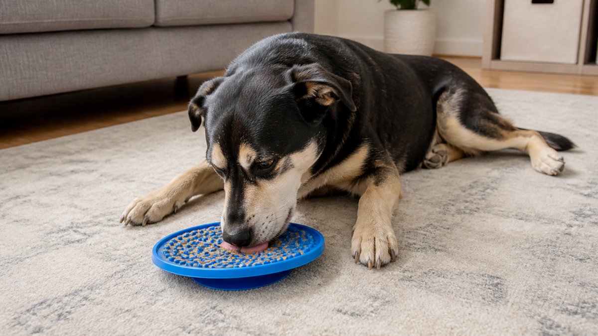 A medium-sized rescue dog lying on a living room rug, focused on licking a suction-mounted blue lick plate, with a relaxed body posture and natural indoor lighting