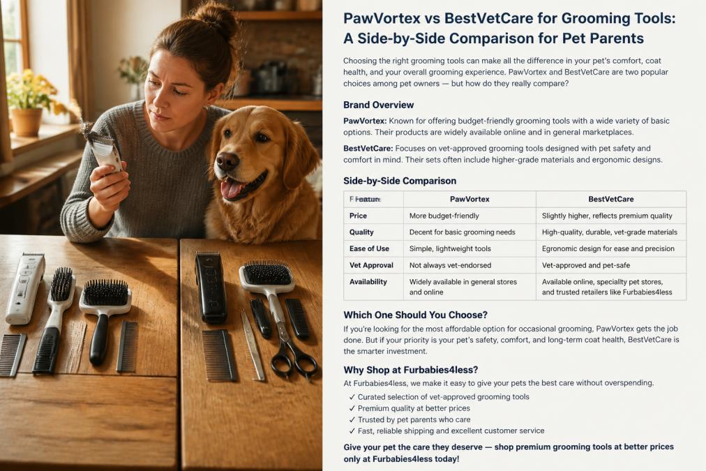 A pet owner sitting at a kitchen table with a golden retriever beside them, comparing two grooming tool sets laid out on the table, holding one clipper up to inspect the blade under warm afternoon window light