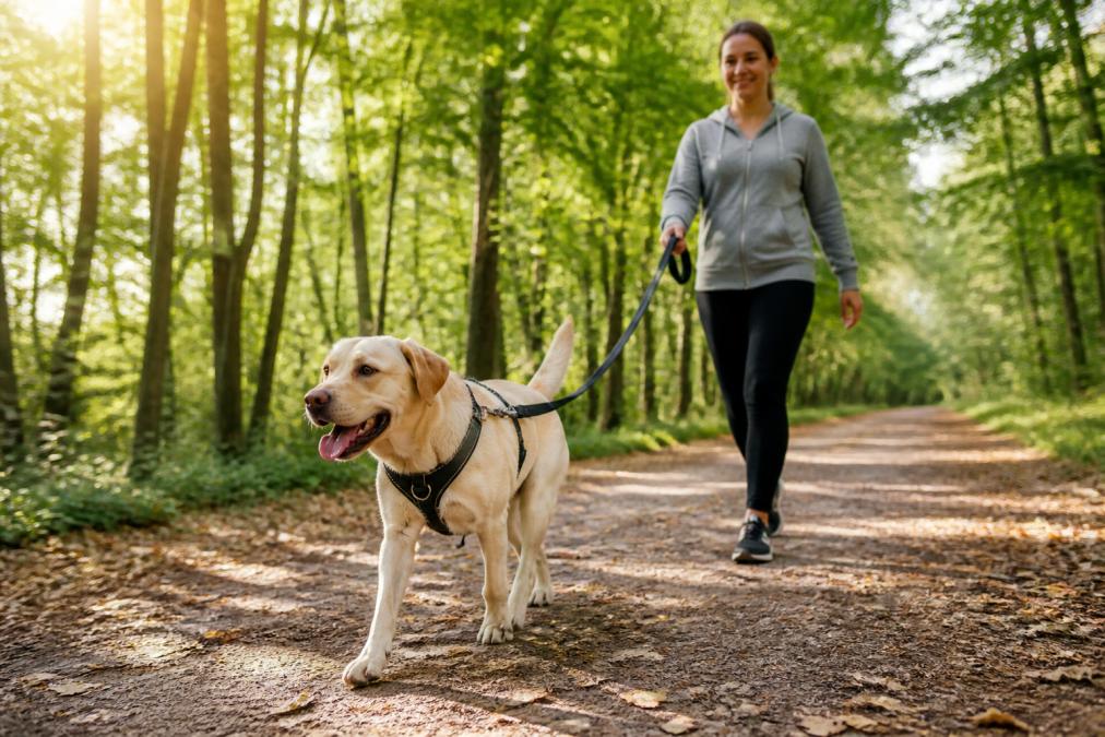 Active dog wearing a well-fitted harness on a long walk through a tree-lined park path, owner holding the leash with relaxed posture, natural morning sunlight