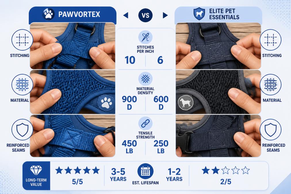 Close-up of hands examining and comparing harness stitching quality, material texture, and reinforced seams between two different brands on a wooden surface with natural lighting
