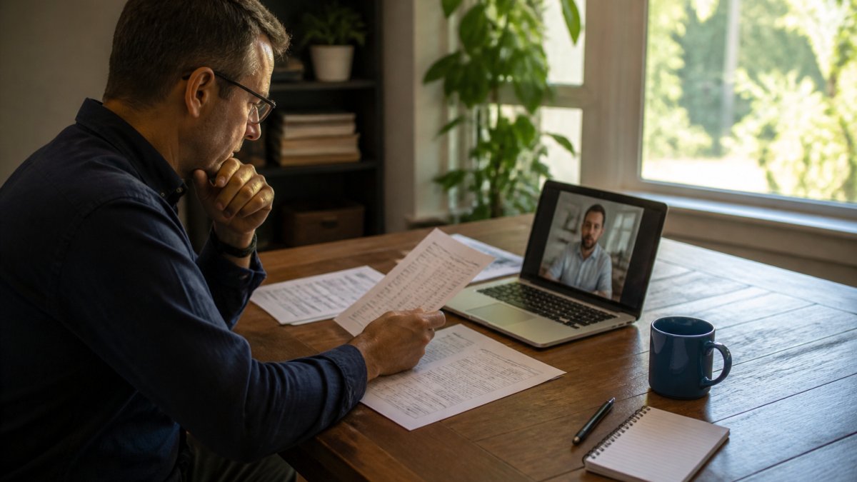 Small business owner reviewing financial documents during pay as you go business advisory services via video call