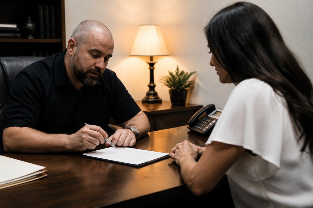A concerned family member speaking with a professional bail bondsman at a desk in an office, reviewing paperwork together under warm office lighting