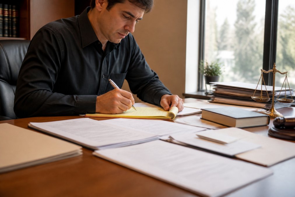 A person writing notes on a legal notepad with a pen, sitting at a table with documents spread out under natural window light, preparing for a court hearing