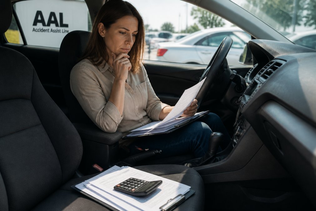 Driver reviewing insurance paperwork and a calculator while considering car repairs out of pocket.