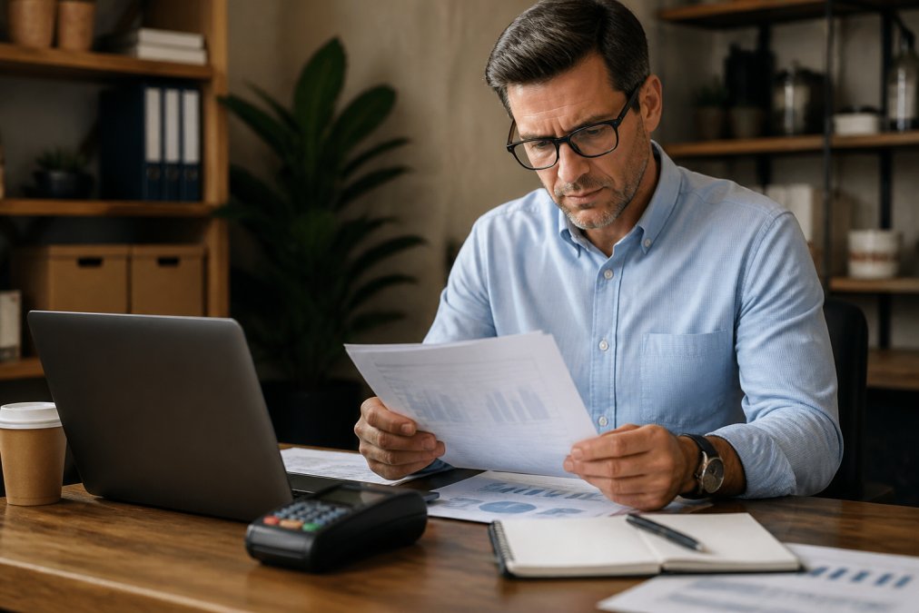Business owner at a wooden desk reviewing payment processing documents on a laptop, with a credit card reader and notepad nearby in a small office with warm overhead lighting