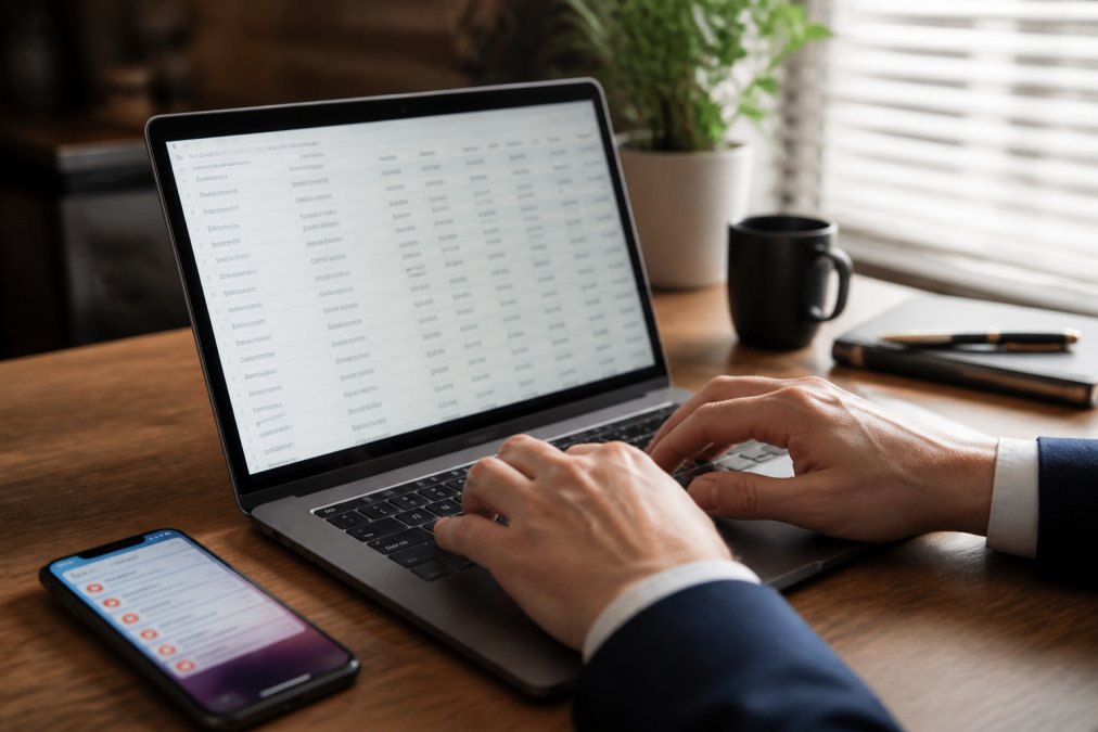 Close-up of a professional's hands typing on a laptop displaying a transaction dashboard, with a smartphone showing alert notifications on a wooden desk in a well-lit office