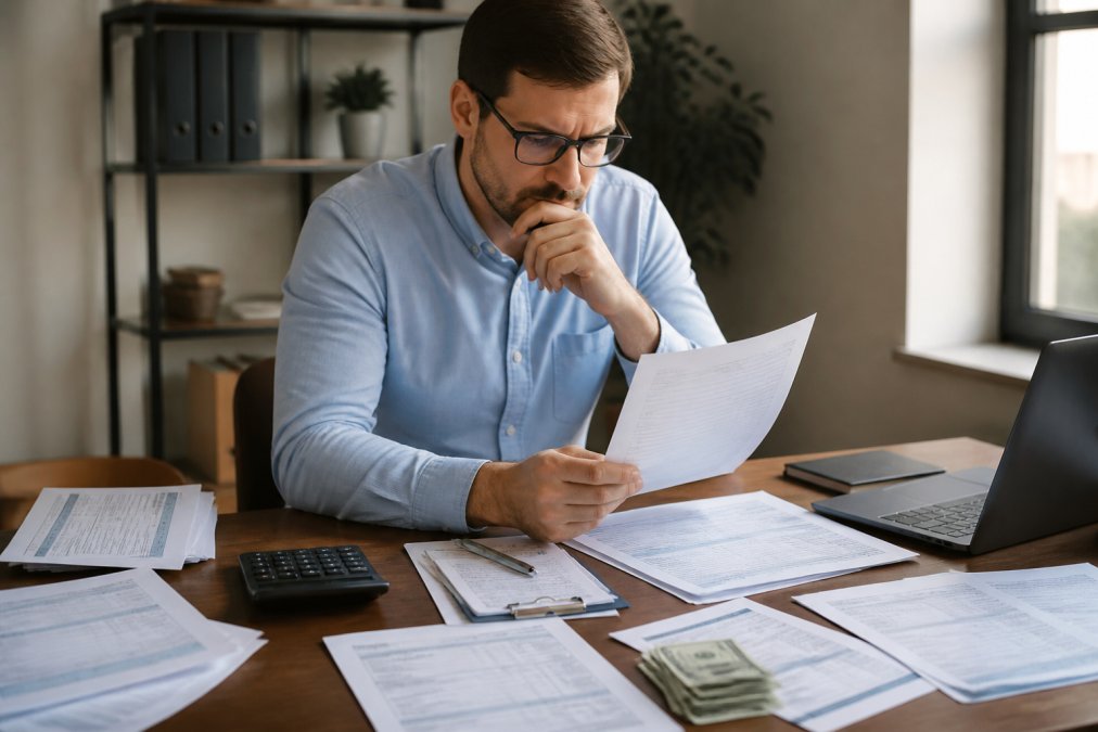 Business owner reviewing payment gateway pricing statements and merchant account documents on a desk