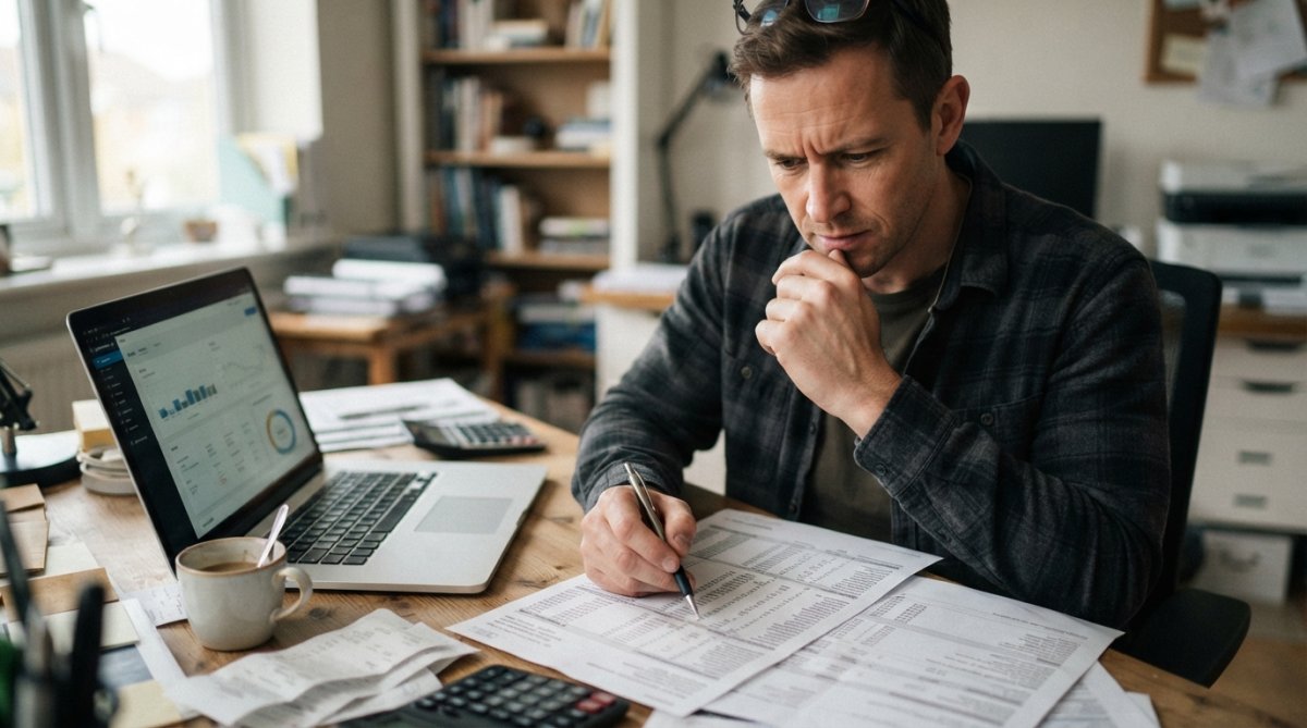A focused business owner reviewing a confusing credit card processing statement at a desk, with a laptop showing a dashboard and a cup of coffee nearby