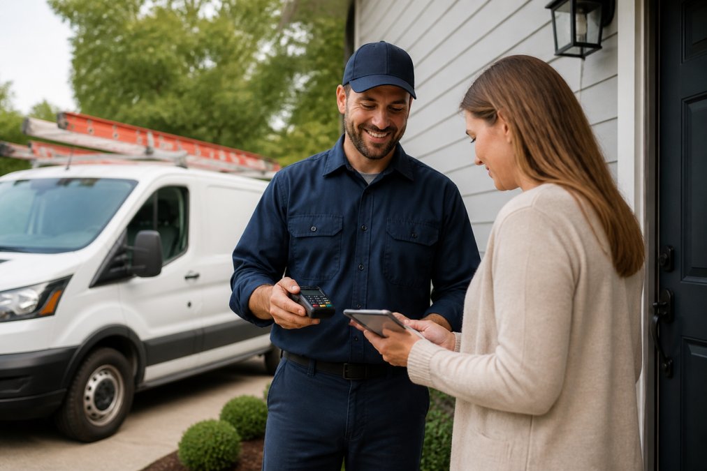 A technician in a branded uniform holding a mobile card reader while a homeowner reviews the charge on a tablet at the front door, service van parked in the driveway behind them