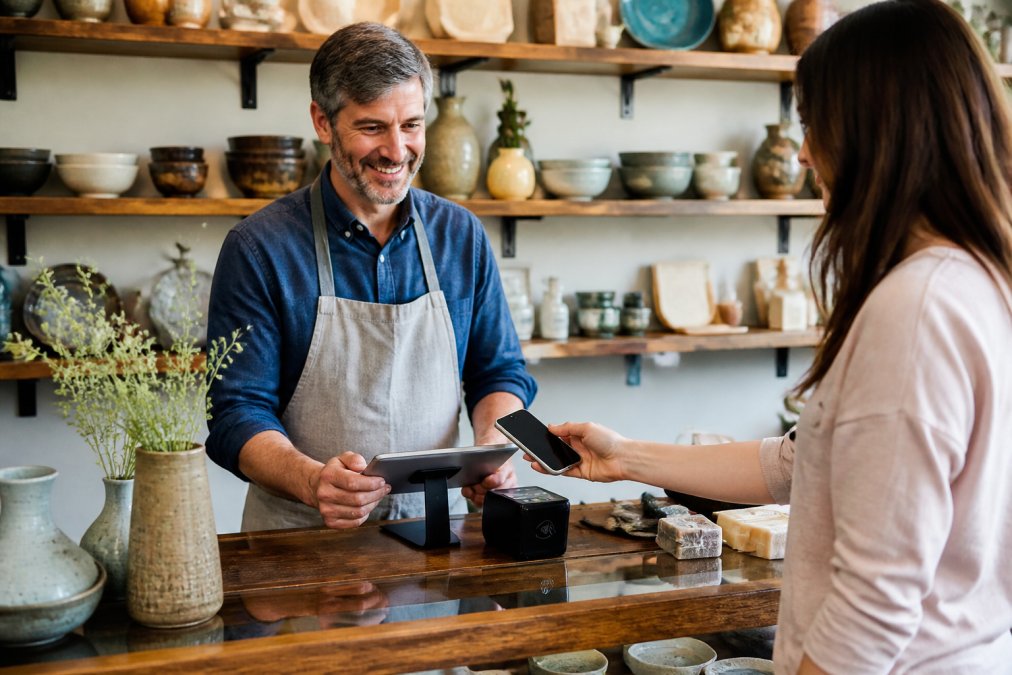 Specialty store owner using tablet payment solutions to process a contactless transaction at the counter
