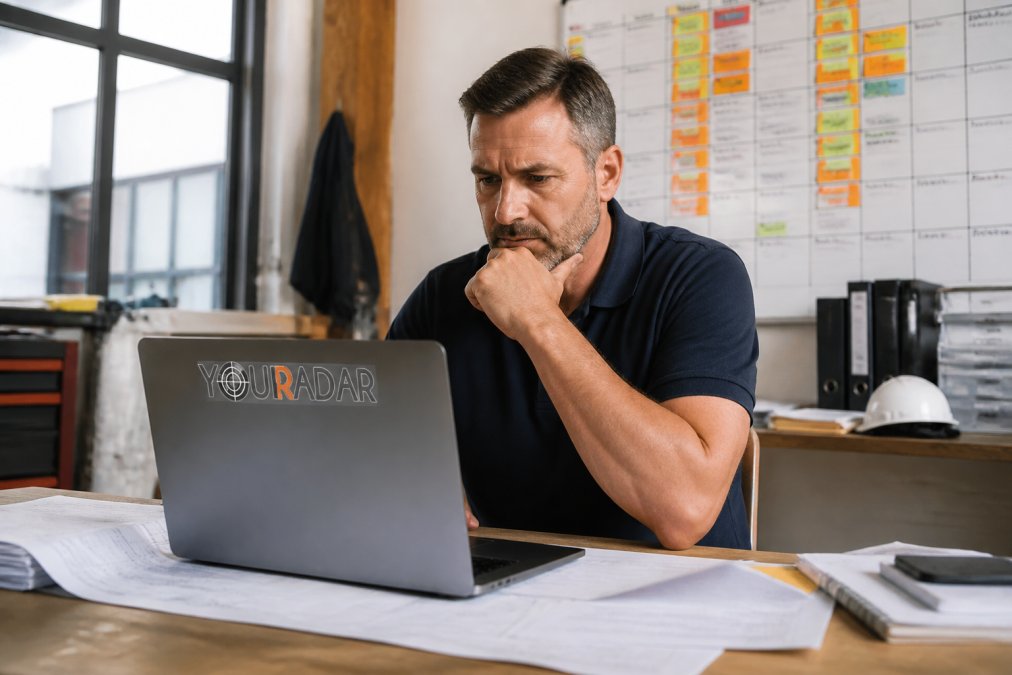 Trades business owner reviewing payroll reports and financial dashboards on laptop at desk with scheduling board visible in background, natural office lighting