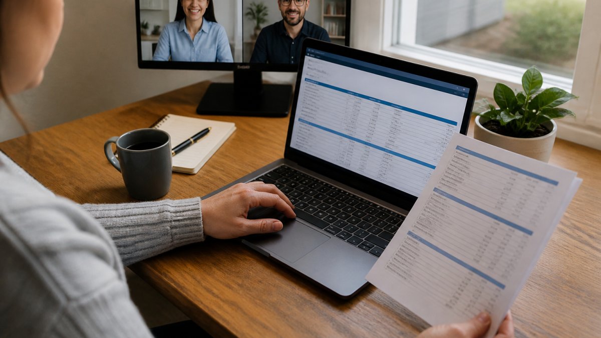 Small business owner managing payroll automation on a laptop while video conferencing with remote employees