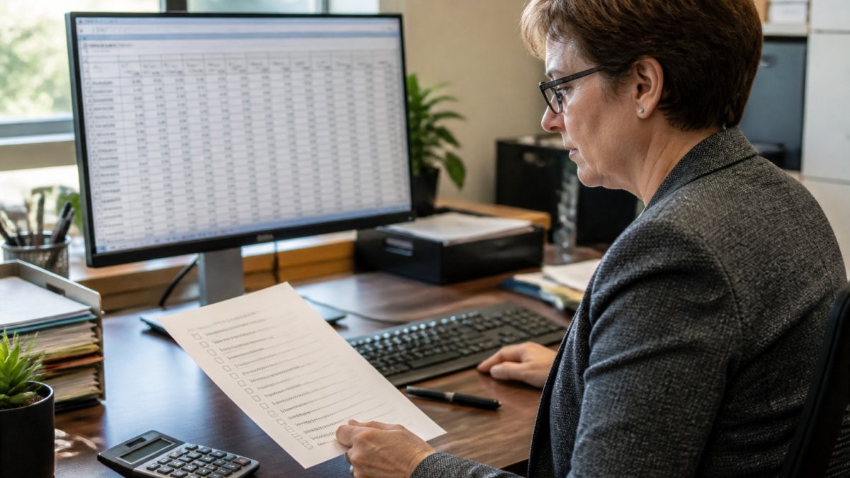 An accountant at a desk reviewing a payroll register on a monitor, with a printed checklist and calculator beside the keyboard in a quiet office