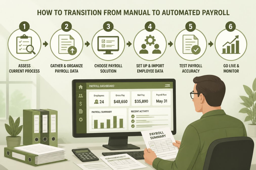 Flowchart showing the transition steps to automated payroll processing alternatives for small businesses.