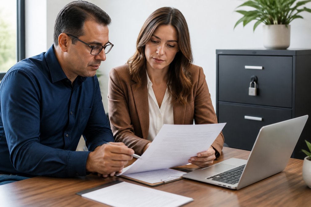 A small business owner and an accountant reviewing payroll documents and a laptop screen in a bright office, with a locked filing cabinet visible in the background