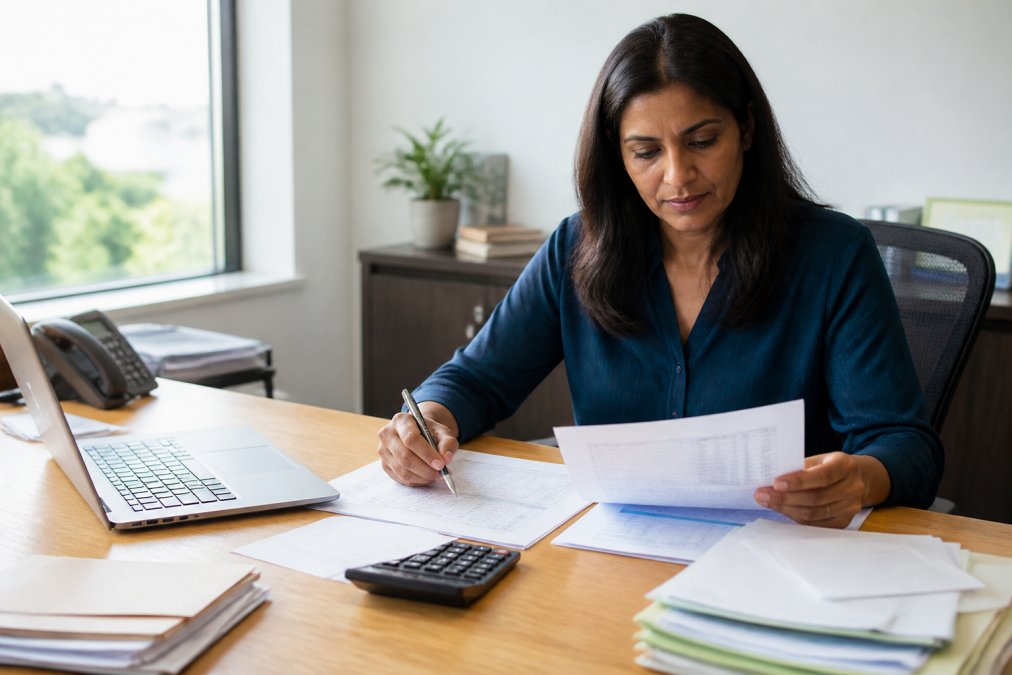 Business owner reviewing documents to decide between a payroll service vs accounting firm at a bright desk.