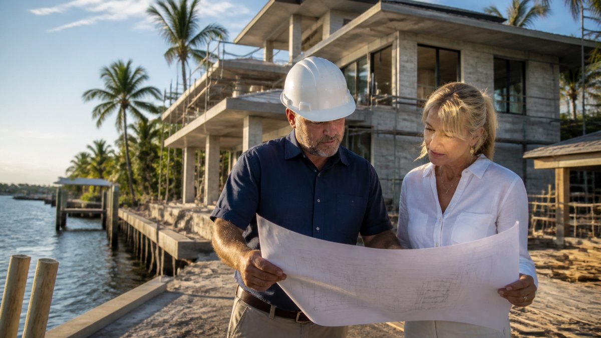 Construction manager reviewing blueprints with a homeowner at a luxury waterfront home as a PBC Contractors alternative
