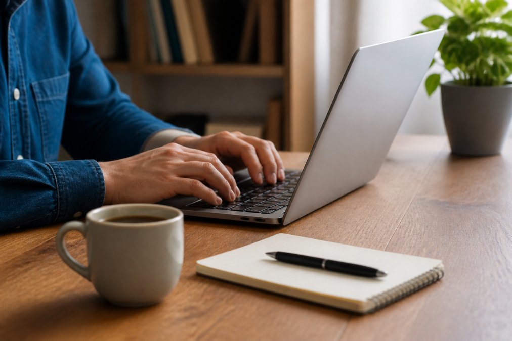 Close-up of hands typing on a laptop in a quiet home office, a cup of coffee and a notepad nearby, suggesting focused work on a sensitive document in a private setting