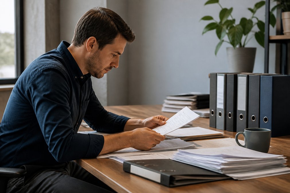 Professional working in a modern office using a secure PDF editor to manage private documents