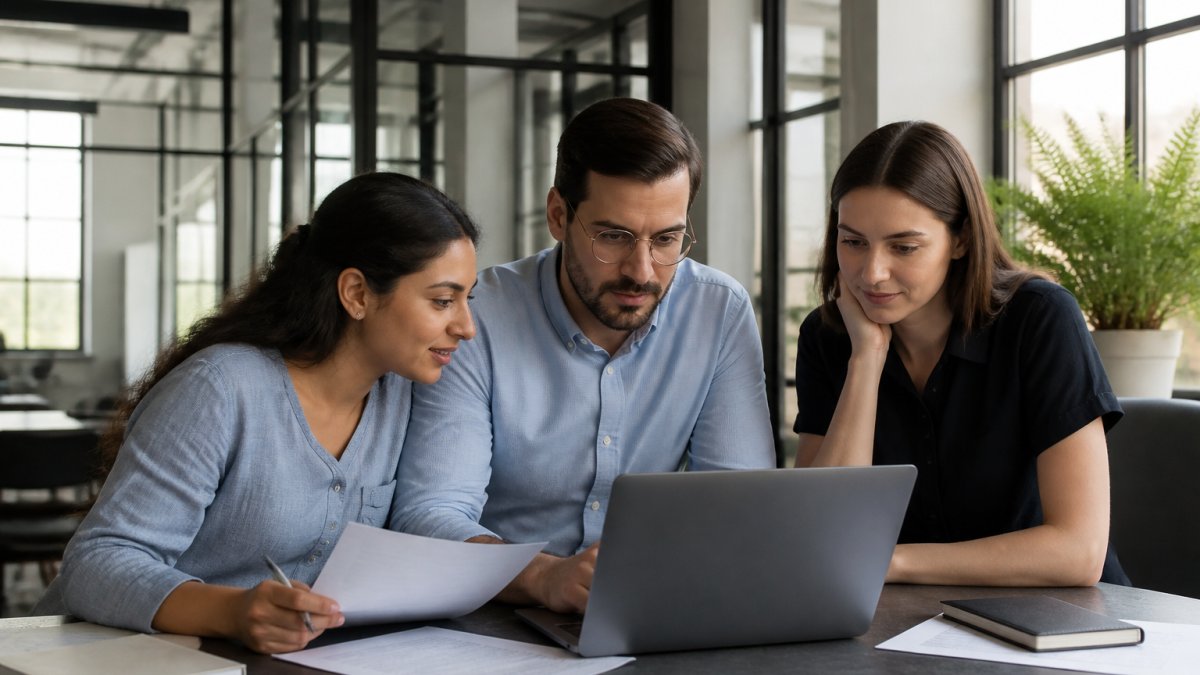 Professional team of three collaborating around a laptop, reviewing and editing a PDF document together in a bright, modern office with natural window lighting and contemporary furniture