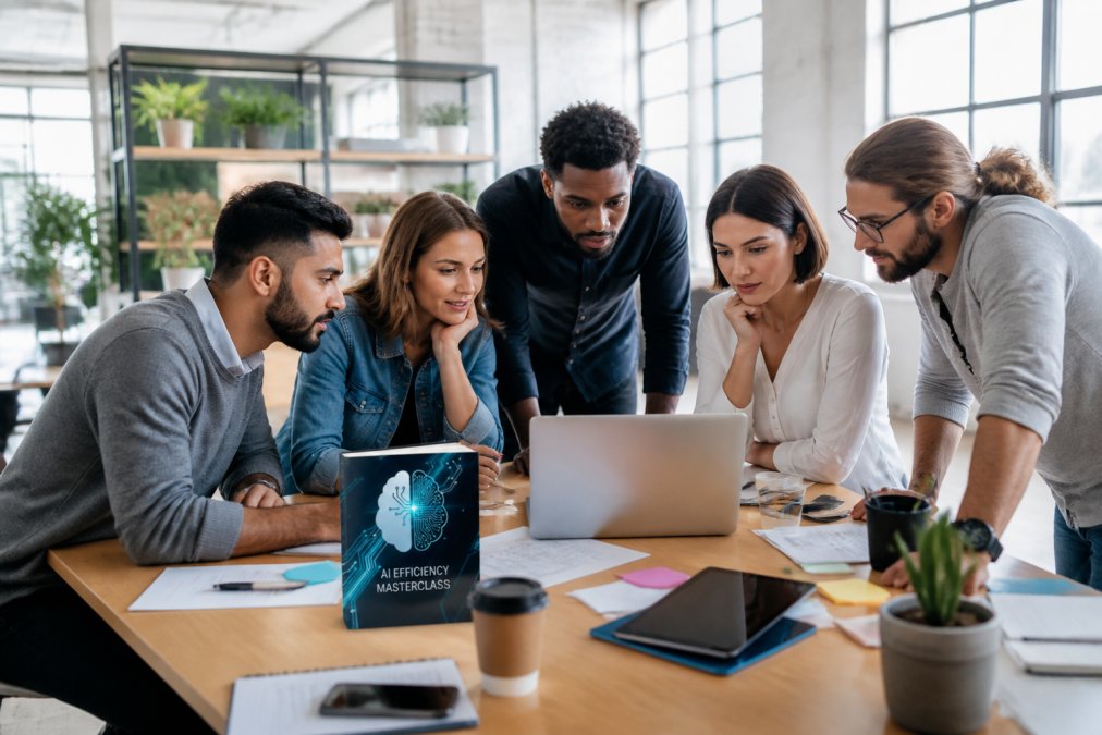 A diverse team of professionals gathered around a laptop in a modern office, reviewing project timelines and task assignments on screen, with natural window lighting illuminating the workspace